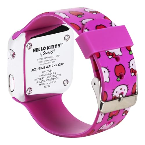 hello kitty led digital watch for kids  light up display pink silicone strap with apple print adjustable for wrist size 5534 to 834 easy touch activation official sanrio girls watch