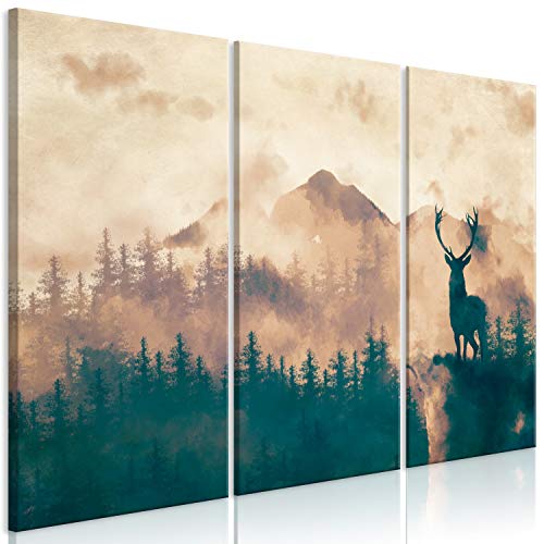 artgeist Acoustic Canvas Wall Art Deer 47x31 in - 3pcs Picture with Acoustic Foam Sound Print Artwork Room Acoustics Soundproofing Landscape Montanas Forest Panorama Fog Animals c-A-0210-b-e
