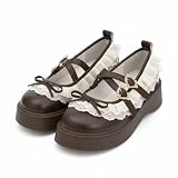 ZQW Women's Kawaii Lolita Chunky Mary Jane Shoes with Bow Cute Aesthetic Round Toe Goth Platform Dress Pumps Sweet Flats (Brown,8.5)