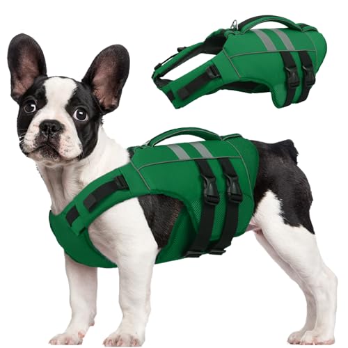 Kuoser Dog Life Jacket, High Flotation Dog Water Vest for Swimming Boating, Reflective Doggie Swimming Vest Pet Life Preserver with Rescue Handle, Blu