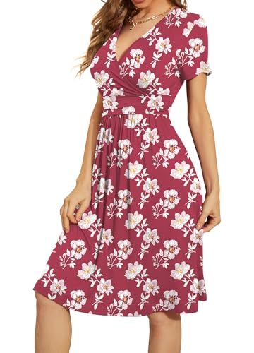 Image of WEACZZY Women's Summer Short Sleeve Casual Dresses V-Neck Floral Party Dress with Pockets