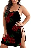 XAKALAKA Women Plus Size Lace Babydoll Lingerie Side Slit Strappy Chemise Full Slip Red Rose XXXL