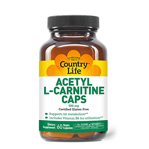 Country Life Acetyl L-Carnitine Caps with Vitamin B-6 to aid in Utilization, 500mg, 60 Vegan Capsules, Certified Gluten Free, Certified Vegan, Certified Halal