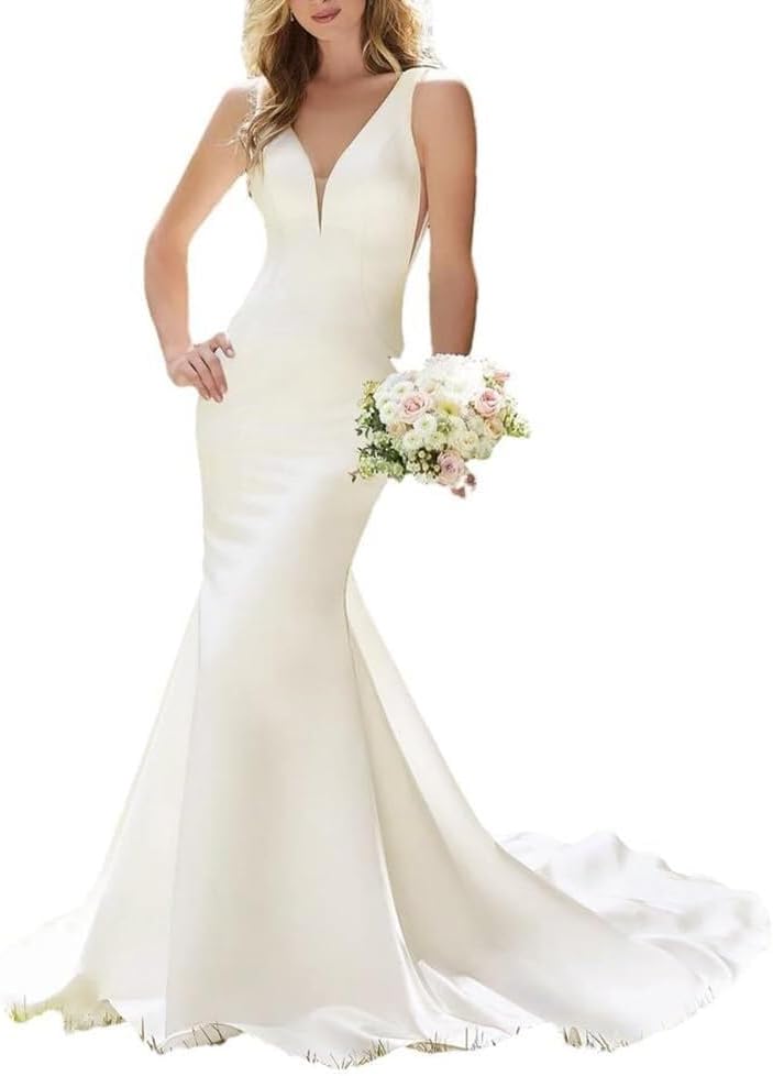 Women's Satin Wedding Dresses for Bride Mermaid Spaghetti Straps Wedding Bridal Gowns HL300
