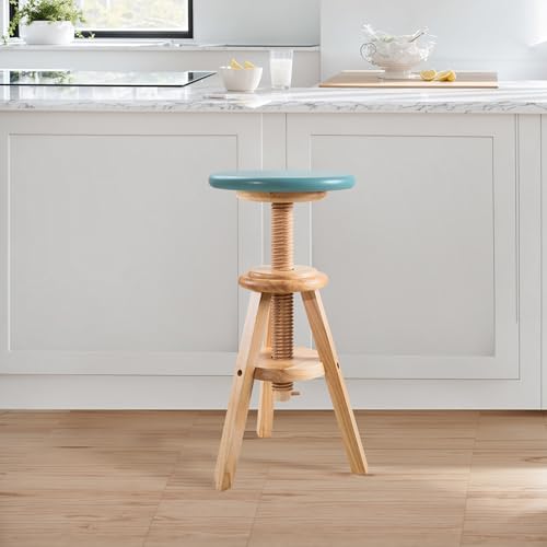 Butaco giratorio de madera maciza ajustable, base natural y asiento turquesa | Altura ajustable de 48 a 64 cm, caoba natural miniatura 4