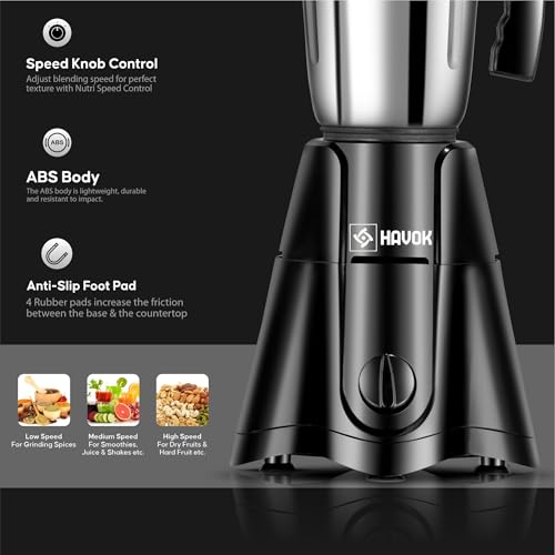 Image of Havok Z Black Edition 750W Juicer Mixer Grinder with 4 Stainless Steel Jars | Multi-Purpose Kitchen Appliance for Grinding & Juicing