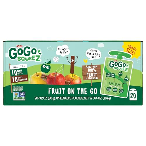 GoGo squeeZ Applesauce and Fruit Puree Variety Pack, Apple & Cinnamon, 3.2 oz (Pack of 20), Unsweetened Fruit Snacks for Kids, Gluten Free, Nut Free and Dairy Free, BPA Free Pouches