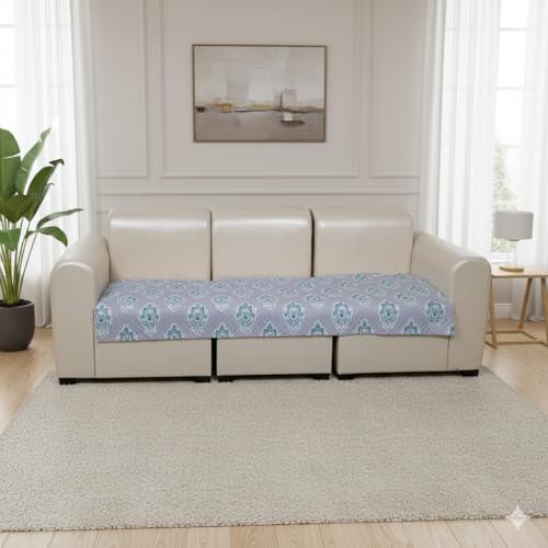 Image of JAPA Teal Paisley Stripes Quilted Velvet L-Shape Seat-Only Sofa Cover for 3+2 Seater - Non-Slip Washable Daily Use Sofa Protector, Luxury Sofa Mat for Living Room