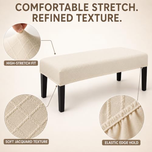 Image of Street27 High Stretch Jacquard Dining Bench Cover Elastic Chair Covers - Anti-Dust Removable Bench Slipcover Washable Bench Seat Protector Cushion Cover for Living Room, Bedroom, (Beige)