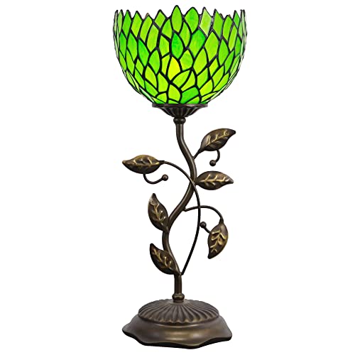 Rhlamps Small Tiffany Lamp W8H19 Inch Green Wisteria Style Mini Stained Glass Table Lamp Bronze Metal Leaf Base Desk Torchiere Uplight Decor Living Room Bedroom #TOP16