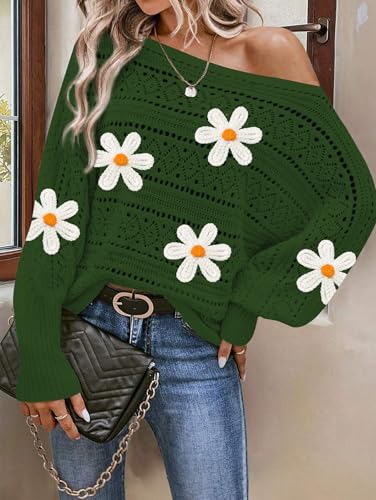 Image of Cakulo Womens Off Shoulder Sweater Top Fall Outfits Fashion 2025 Oversized Knit Batwing Long Sleeve Crochet Flower Sweaters