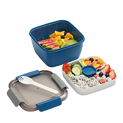 YBOBK HOME Salad To Go Container, 50 oz Salad Storage Container for Lunch, Leak-Proof Salad Container with 3-part Tray & Dressings Cup & Fork for Travel, Picnic, Microwave-safe & Reusable (Blue)