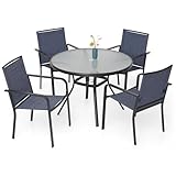 Anmutig 5-Piece Outdoor Patio Dining Set, 40-Inch Round Glass Table with 4 Stackable Chairs,Navy