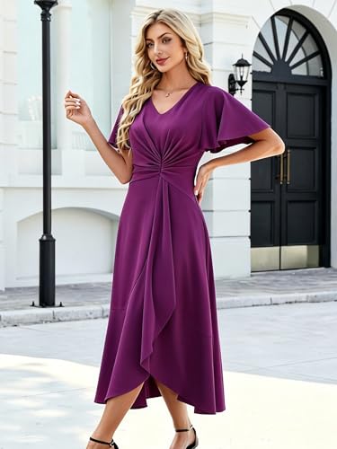 Image of QMZ Wedding Guest Dresses for Women V Neck Cocktail Dress Ruffle Sleeve A Line Evening Party Formal Dresses for Women