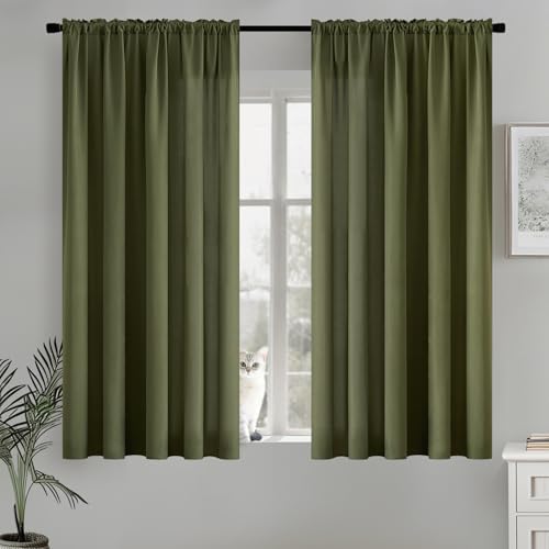 Image of MIULEE Olive Green Semi Sheer Privacy Curtains Drapes 2 Panels 52W x 63L | Semi sheer privacy, non-see-through, light filtering, fits kitchen, bathroom, bedroom