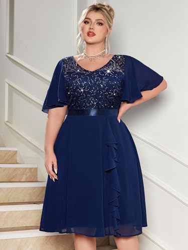 MISSMAY Women's Plus Size V-Neck Sequin Floral Lace Ruffle Style Cocktail Dress for Wedding Guest3