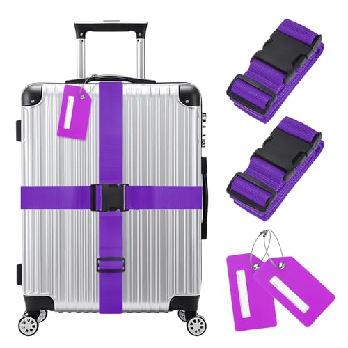 Image of M METERXITY 2-Sets Luggage Straps TSA Approved, Travel Straps for Luggage Suitcase Tags Set, Adjustable Suitcase Belt [Purple]