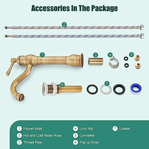 Heyalan Bathroom Vessel Sink Faucet Antique Brass Tall Body 360 Degree Spout One Handle Lever Single Hole Deck Mount Brass Pop Up Drain Assembly Without Overflow Vanity Mixer Tap #TOP1