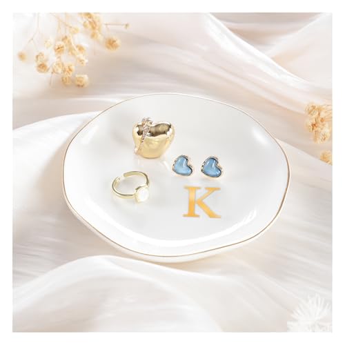 Lolalet Ceramic Jewelry Tray, Initial Engagement Ring Dish Trinket Plate 4.52" Personalized Monogrammed Bowl, Birthday Mother's Day Gifts for Women -K