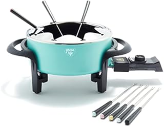 GreenLife 14 Cup Electric Fondue Maker Pot Set For Cheese Chocolate and Meat, 8 Color Coded Forks, Healthy Ceramic Nonstick, Adjustable Temperature Control, Dishwasher Safe Parts, PFAS-Free, Turquoise