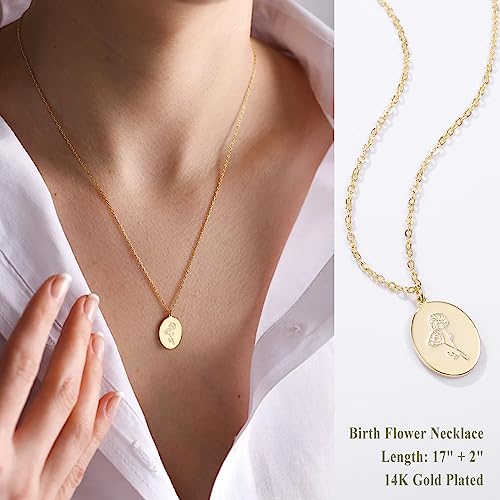 S.J JEWELRY 14K Gold Plated Guardian Flower Necklace Disc Coin Pendant Personalized necklace for Women 12 Months Constellation Birthday Lucky Flower Necklace4