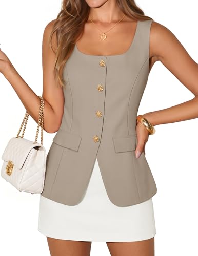 ZESICA 2026 Summer Casual Sleeveless Suit Vest for Women Square Neck Button Down Work Business Blazer Vests Waistcoat,Khaki,Medium