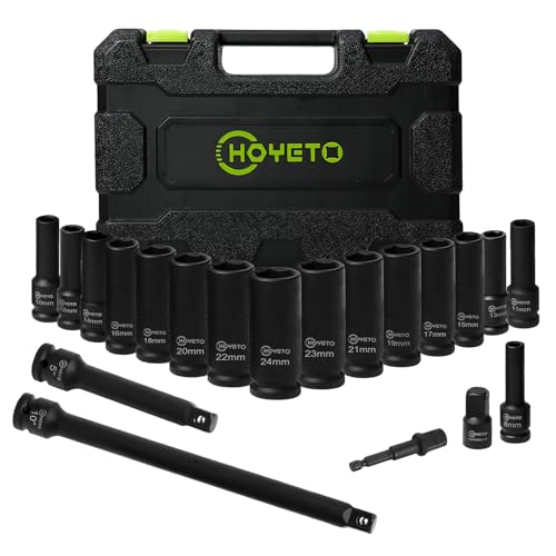 20 Piece 1/2" Drive Impact Socket Set - Metric Deep 6-Point Sockets with Heavy Duty Storage Case for Workshop, Garage, Automotive Repair (8-24mm)