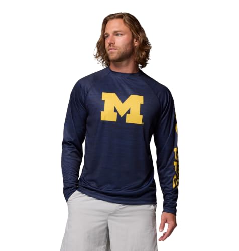 Columbia Men's Collegiate Terminal Tackle Heather Long Sleeve Shirt, UM - Collegiate Navy Heather, 2X Big