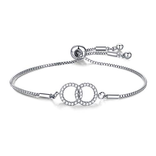 CERSLIMO Silver Bracelet for Women, White Gold Plated Cubic Zirconia Paved Infinity Heart Round Circle Bracelets | Birthday Gift for Girls Ladies Mom Sister Best Friends Girlfriend Adjustable Bracelet