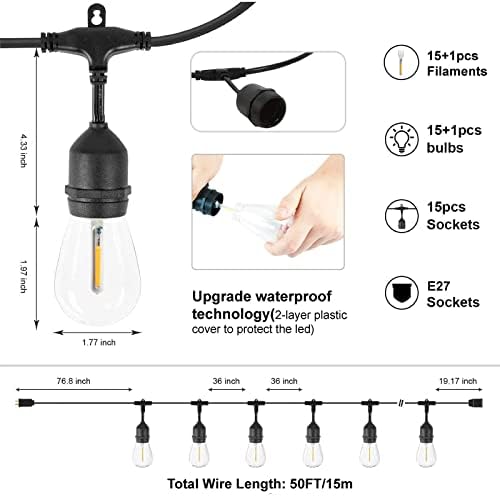 ZOTOYI Outdoor String Lights Mains Powered LED, 50FT S14 Waterproof IP65 Festoon Lights Outdoor with 15+1 Plastic Bulbs, Heavy Duty Garden Lights for Indoor Backyard Patio Pergola, 2700K
