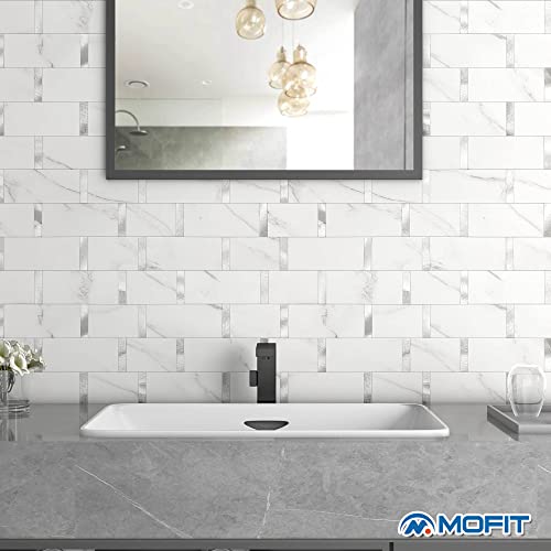 Mofit Matte Kitchen Subway Tile Peel And Stick Backsplash Self-Adhesive Bathroom Wall Tiles Waterproof 3D Metal And Marble Mosaic Panels Heat Resistant Fireplace(White Silver 10Tiles) #TOP3
