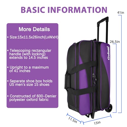 Goloni 3 Ball Bowling Bag with Wheels, Purple Rolling Bowling Roller Bag with 41'' Retractable Handle for Balls & Bowling Accessories by Goloni - Image 6