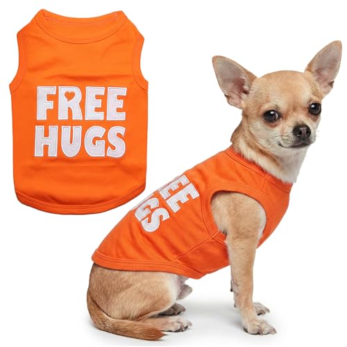 Parisian Pet Dog Shirt – 100% Cotton Free Hugs Shirts for Small Dogs – Sleeveless Puppy Clothes – Lightweight and Breathable Orange Dog Clothes – Summer Pet Apparel - Stretchable Tshirts for Dogs
