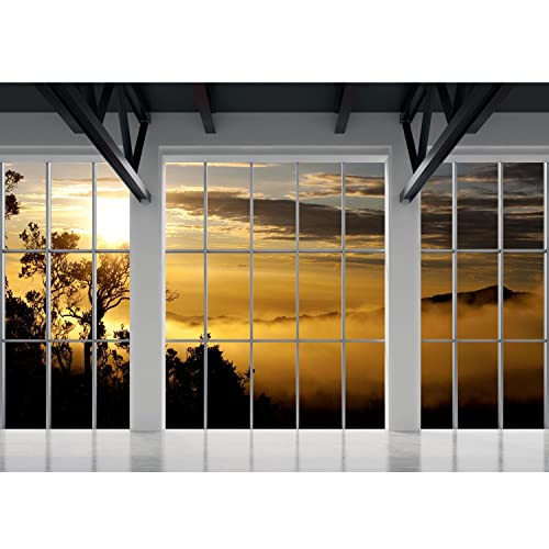 Runa Art Papel tapiz fotográfico Ventana de la puesta del sol de África 352 x 250 cm Lana Fondo De Pantalla XXL Moderna Decoración De Pared Sala Cuarto Oficina Salón Amarillo blanco 9188011a