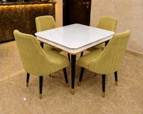 Image of WOODEN SPACE 4 Seater Wooden Dining Table Set | Urban Marble Top Dining Table with Chairs for Dining Room & Kitchen (Modern Infinity Backline Light Green) (42 x 42 x 30 inch)