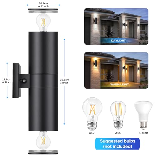 Image of 14 inch Modern Outdoor Wall Light with Dusk to Dawn Sensor, Exterior Light Fixture Wall Mount Waterproof Anti-Rust Cylinder, Up and Down 2 Lights Black Sconces for Porch House Outside Entryway, 2-Pack