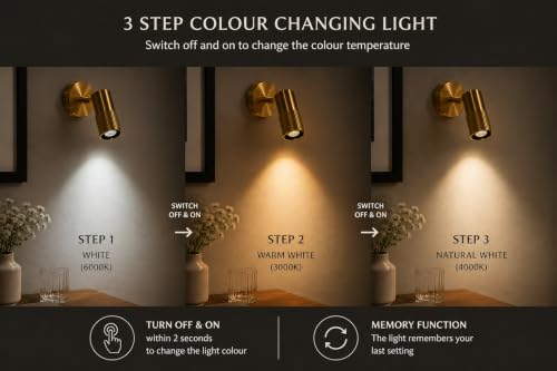 Image of FILLISKA 3 in 1 Single Wall spot /Picture /Display /Mirror Light with Adjustable Head and Colour Changing Function (6 Watt Luxurious Gold-185)