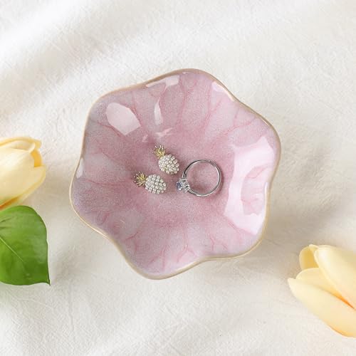Image of Pink Lotus Leaf Shape Ring Jewelry Dish Holder,Small Trinket Jewelry Tray,Decorative Jewelry Plate Bowl,Key Bowl,Birthday Engegament Gifts for Women Friends,Ceramic