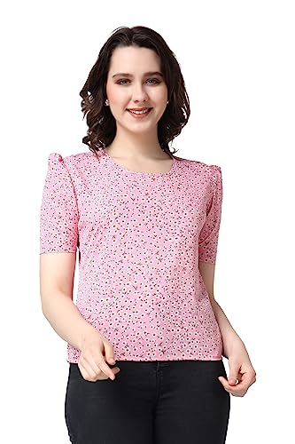 Image of POPWINGS Casual Printed Puff Sleeves Round Neck Top for Women || Stylish Summer Tops for Women || Hip-Length Women Top