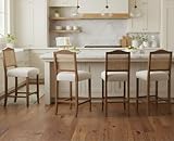 EALSON Rattan Bar Stools Set of 4 Farmhouse Barstools with Cane Back Linen Upholstered Bar Height Chairs Mid Century Wood Breakfast Stool Chairs for Kitchen Island, Beige 30 Inch