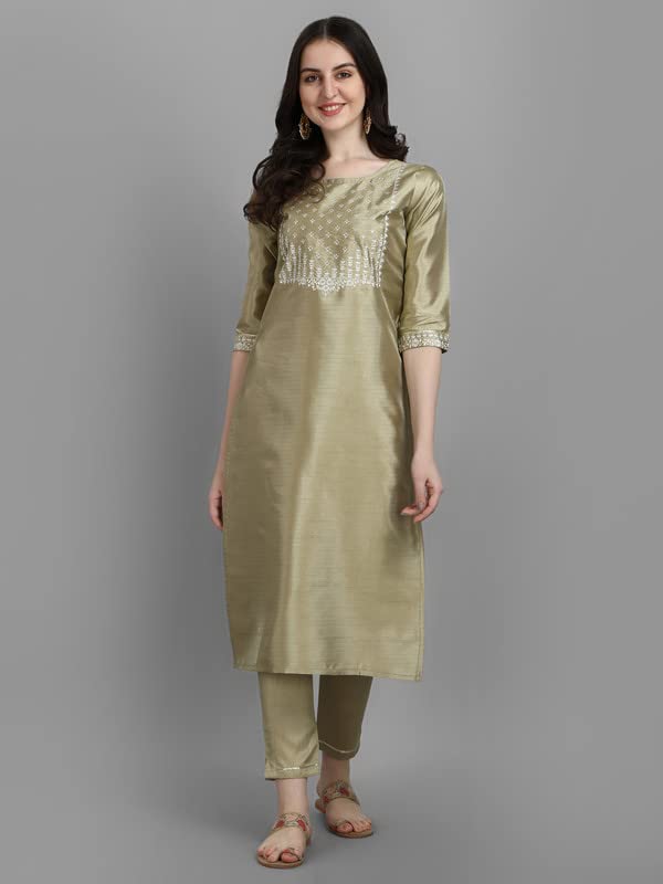 Image of VredeVogel Women's Silk Blend Embroidered Straight Kurta Pant Set with Organza Dupatta