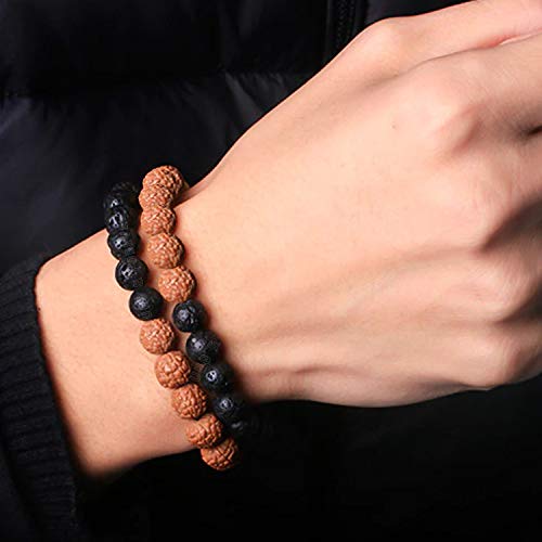 Young & Forever Reiki Infused Handmade Chakra Bracelets Semi Precious Gemstone Lava Beads Bracelet Rudraksha Bracelet for Men 8mm Round Beads Stretch Bracelet 7" Unisex