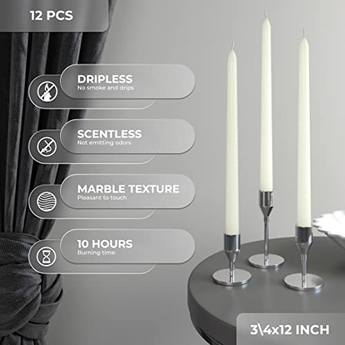 Candwax Ivory Taper Candles 12 Inch Dripless - Set Of 12 Tapered Candles Ideal As Dinner Candles - Smokeless And Unscented Taper Candles Long Burning - Hand Poured Tall Candlesticks #TOP1