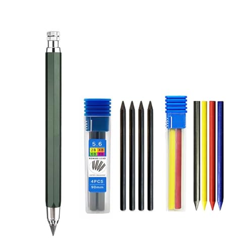 MROOFUL Juego de portaminas de metal de 5,6 mm con mina de 4 colores + mina negra (2B/4B/6B/8B) para carpintero, marcado, ingeniero, dibujo, ingeniero, boceto, escritura, lápiz automático (verde)