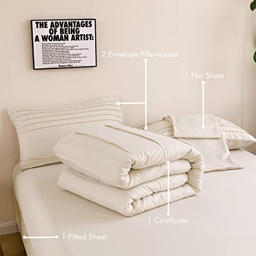 Zrnbast 5 Pcs Beige Grey Comforter Set Full Size Pleated Textured Bohemian Style Bedding Set With Sheets Pinch Pintuck Striped Fluffy Comforter Set For All Seasons (Beige, Full) #TOP4