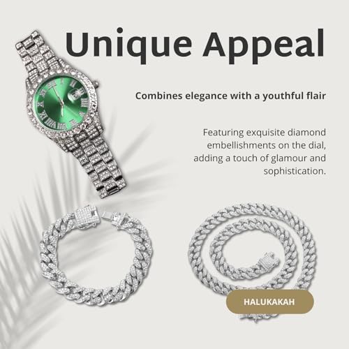 Image of Halukakah Diamonds Gold Watch Iced Out for Boy Teens Kids - 18K Real Gold /Platinum Plated,42mm Blue /Green /Red Dial,Japanese Quartz - 8 inch Length - Optional with Cuban Link Chain,with Watch Adjuster Tool