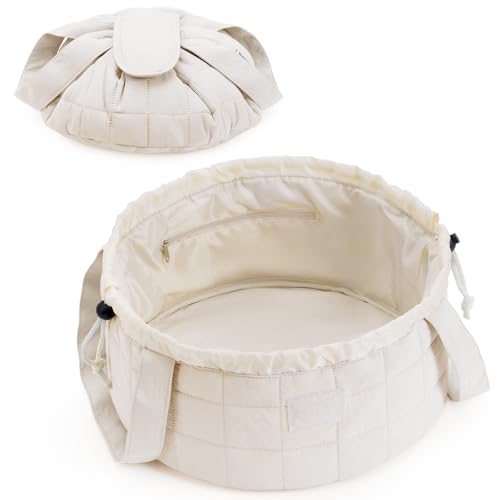 Narwey Barrel Drawstring Makeup Bag, Large Quilted Puffer Cosmetic Bag, Puffy Make Up Bags, Travel Toiletry Bags for Traveling Women Toiletries Organizer, Gift for Teen Girls (Beige) (Patent)