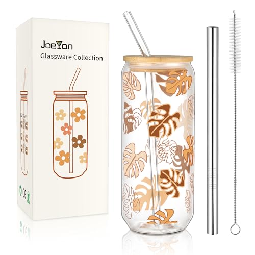 Joeyan 600ml Glass Drinking Cup with Straw and Lid,Bubble Tea Cup with Straws,Can Shaped Smoothie Ice Coffee Glasses with Leaves Pattern,Cute Cup Gift for Sister Friend Birthday Anniversary Valentine