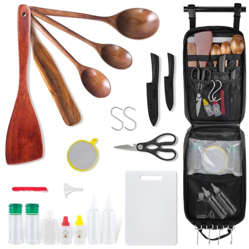 Camping Cooking Cookware Set – Upgraded Camp Kitchen Organizer with Wooden Utensils, Portable Gear for Outdoor Dining Essentials
