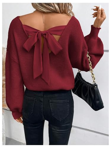 Image of GORGLITTER Women's Bow Fall Sweaters 2025 Cable Knit Chunky Oversized Long Sleeve Backless V Neck Pullover Tops